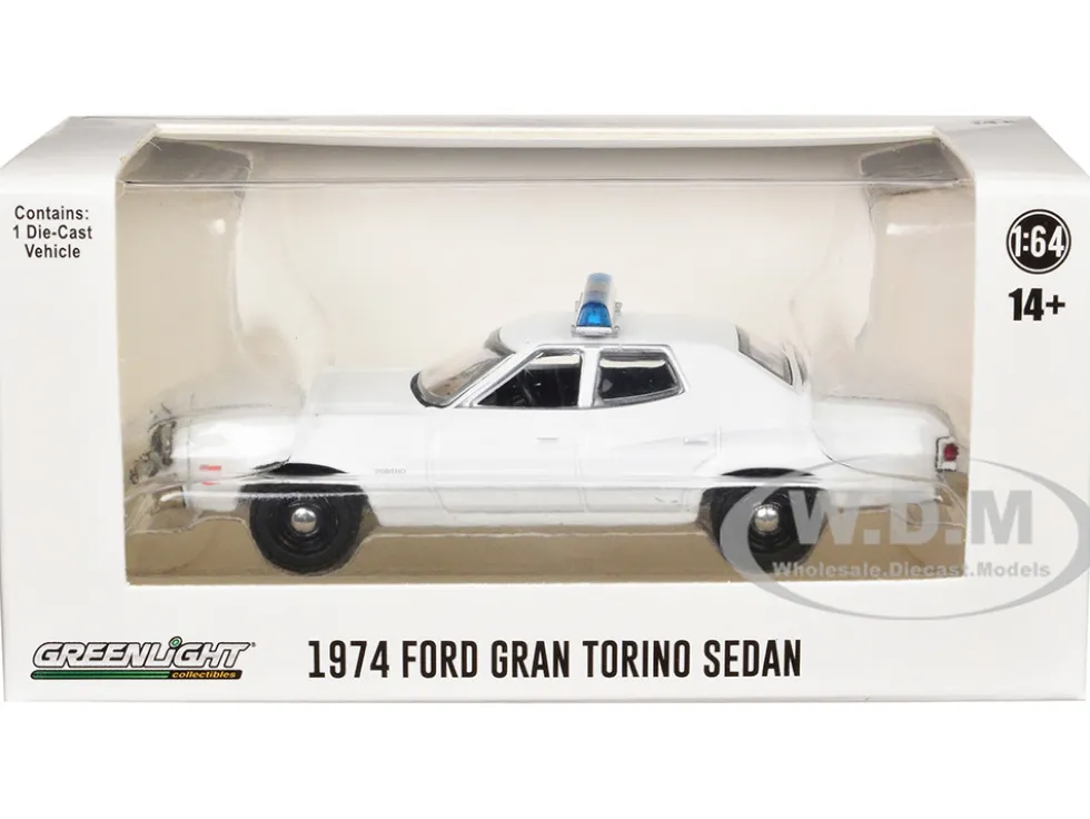 1974-1976 Ford Gran Torino Sedan Police Car White with Light Bar "Hot Pursuit - Hobby Exclusive" Series 1/64 Diecast Model Car by Greenlight