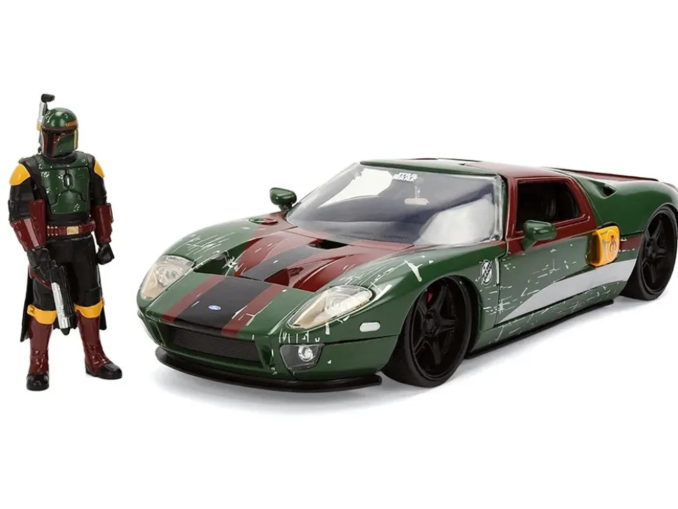 2005 Ford GT Green (Weathered) with Graphics and Boba Fett Figure "Star Wars" Franchise "Hollywood Rides" Series 1/24 Diecast Model Car by Jada