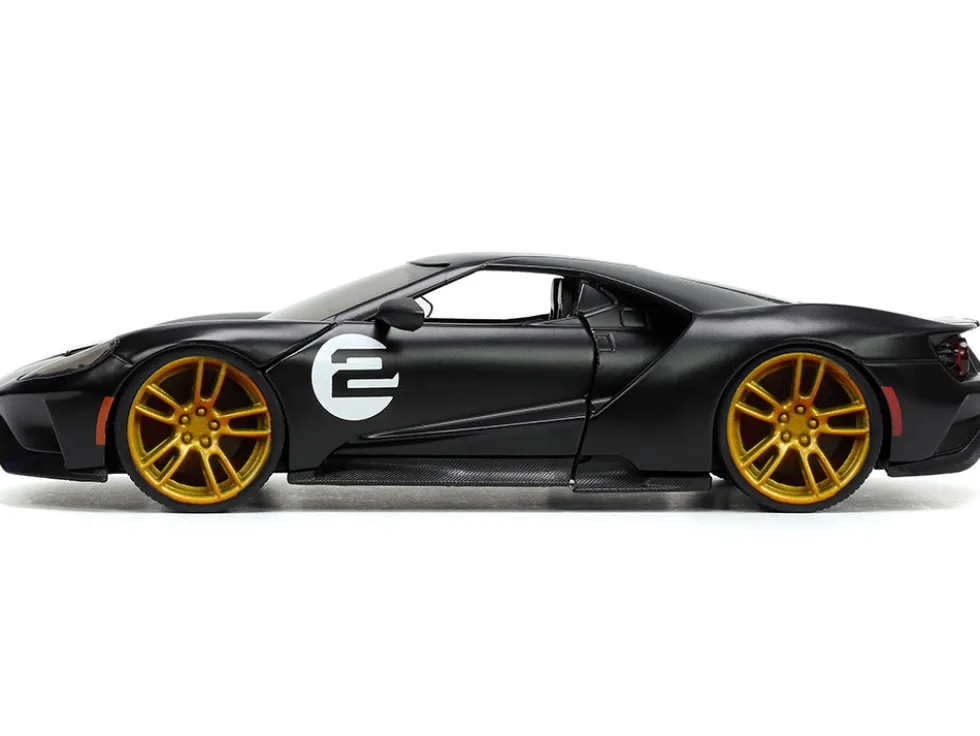 2017 Ford GT #2 Matt Black Silver Stripes Gold Wheels Bigtime Muscle Series 1/24 Diecast Model Car Jada 33882