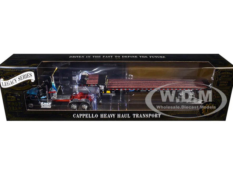 Ford LTL 9000 Day Cab and Landoll 440B-50CA Traveling Axle Trailer "Cappello Heavy Transport" Black with Blue Hood "Legacy" Series #3 1/64 Diecast Model by DCP/First Gear