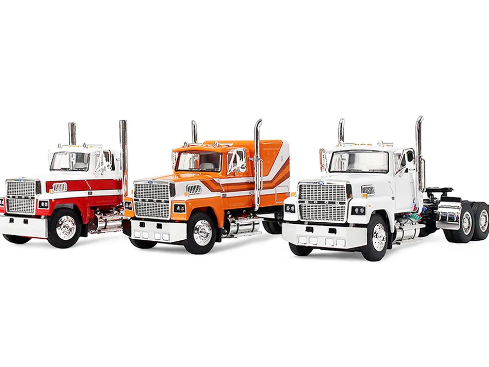 Ford LTL 9000 Trio Set (Two Day Cabs and One 60" Flat Top Sleeper) 1/64 Diecast Model by DCP/First Gear