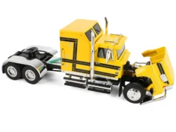 Ford LTL 9000 with 60" Aerodyne Sleeper and 53' Wilson Roadbrute Flatbed Trailer with Covered Wagon Yellow with Black Stripes 1/64 Diecast Model by DCP/First Gear