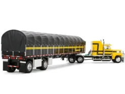 Ford LTL 9000 with 60" Aerodyne Sleeper and 53' Wilson Roadbrute Flatbed Trailer with Covered Wagon Yellow with Black Stripes 1/64 Diecast Model by DCP/First Gear