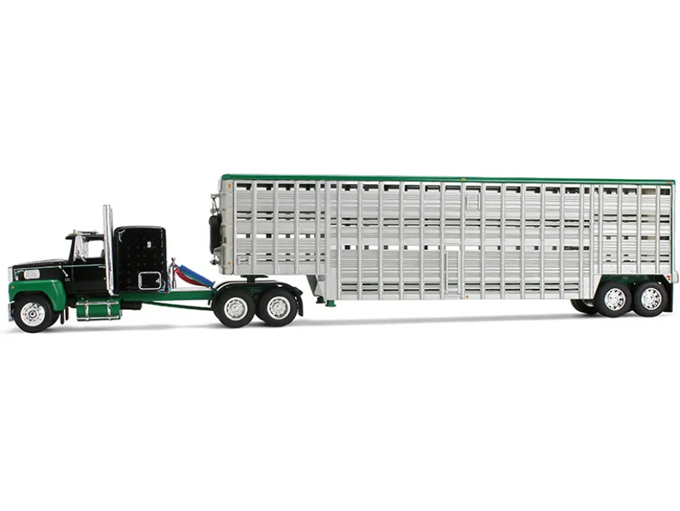 Ford LTL 9000 with 60" Flat Top Sleeper and 45' Wilson Vintage Livestock Trailer Black and Green 1/64 Diecast Model by DCP/First Gear