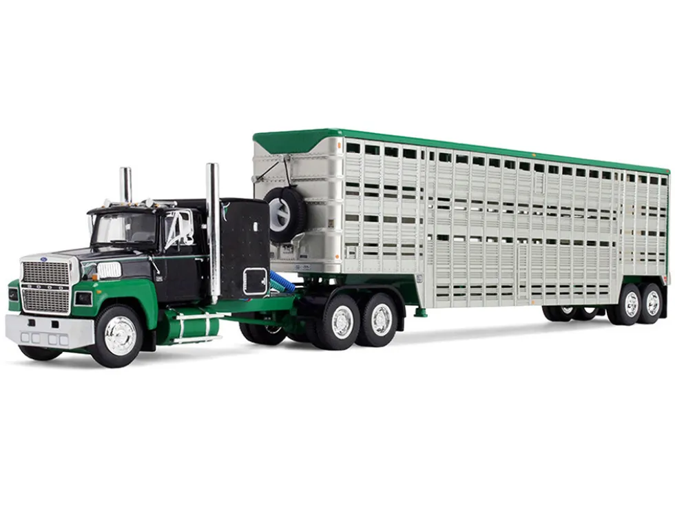 Ford LTL 9000 with 60" Flat Top Sleeper and 45' Wilson Vintage Livestock Trailer Black and Green 1/64 Diecast Model by DCP/First Gear