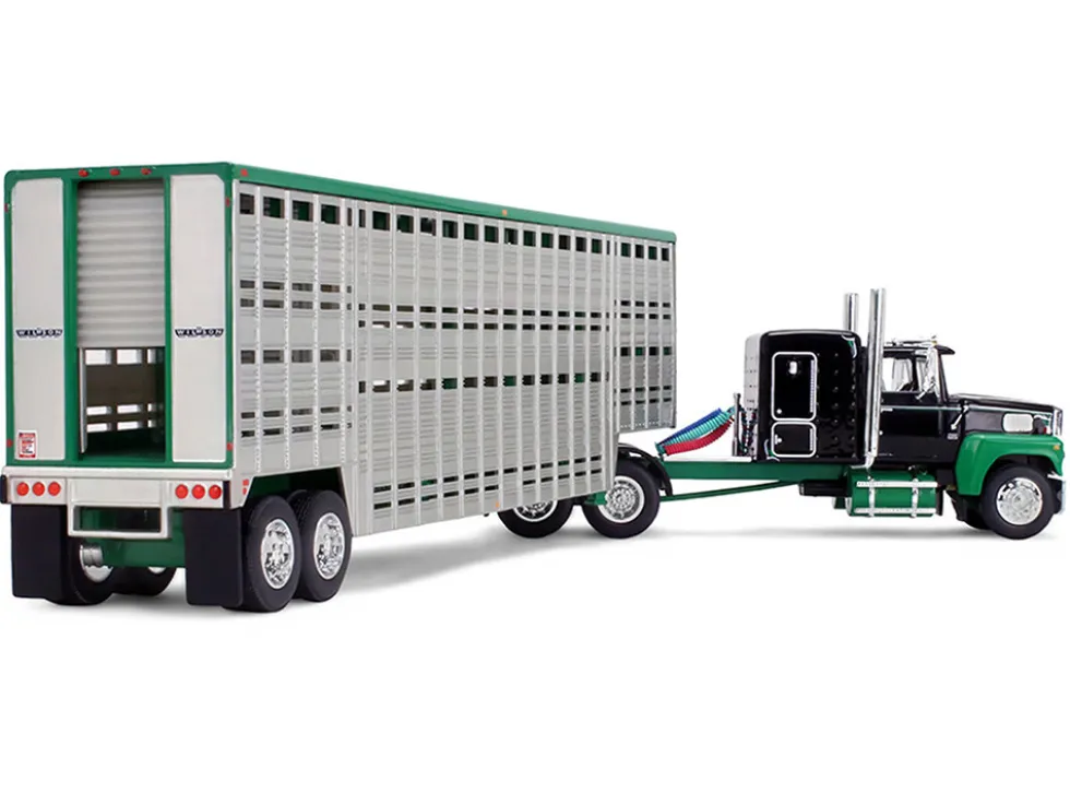 Ford LTL 9000 with 60" Flat Top Sleeper and 45' Wilson Vintage Livestock Trailer Black and Green 1/64 Diecast Model by DCP/First Gear