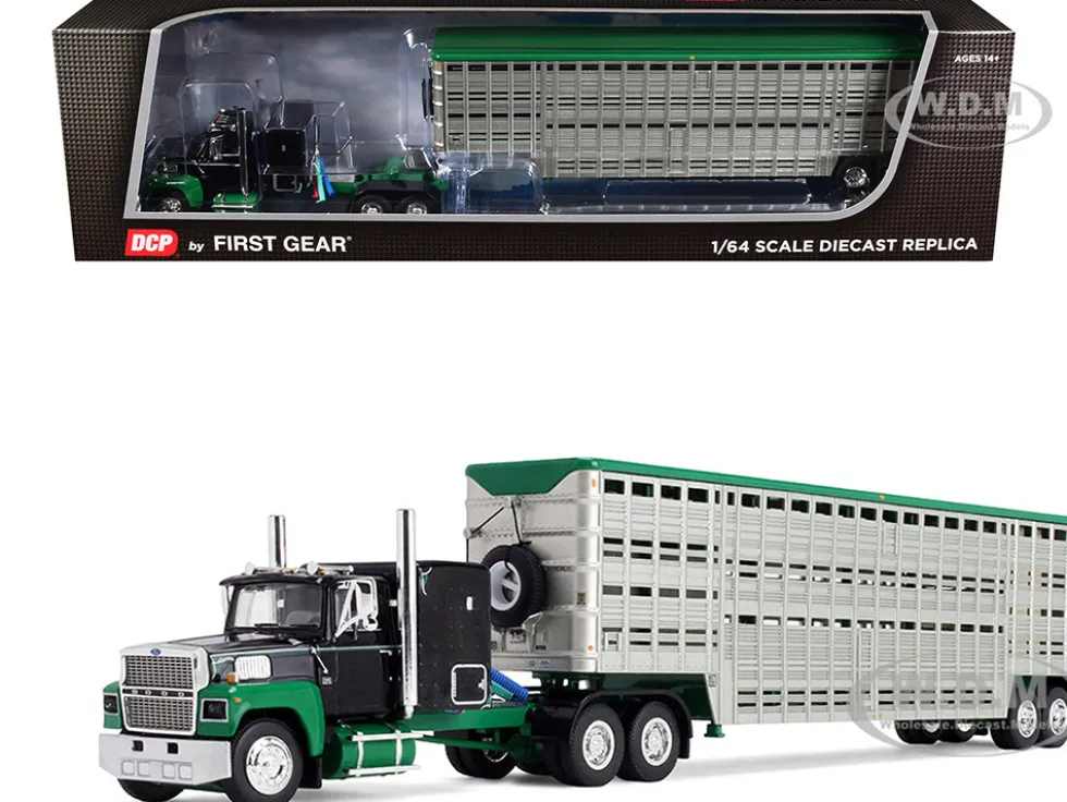 Ford LTL 9000 with 60" Flat Top Sleeper and 45' Wilson Vintage Livestock Trailer Black and Green 1/64 Diecast Model by DCP/First Gear