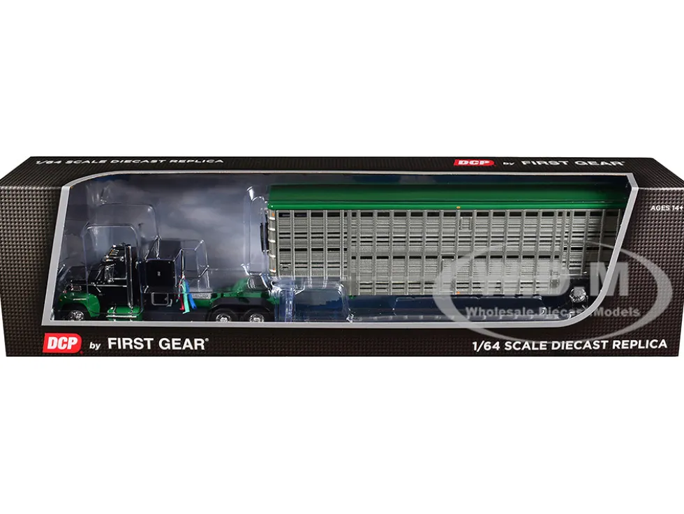 Ford LTL 9000 with 60" Flat Top Sleeper and 45' Wilson Vintage Livestock Trailer Black and Green 1/64 Diecast Model by DCP/First Gear