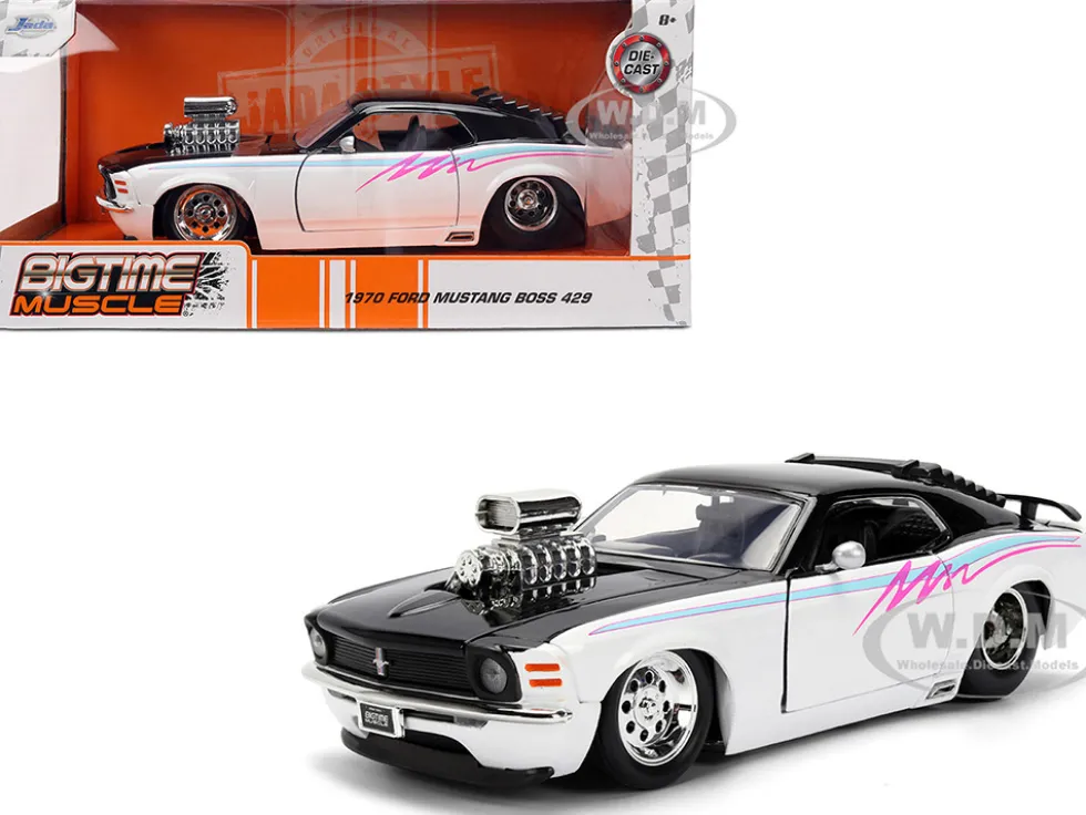 1970 Ford Mustang Boss 429 Black and White with Graphics "Bigtime Muscle" Series 1/24 Diecast Model Car by Jada