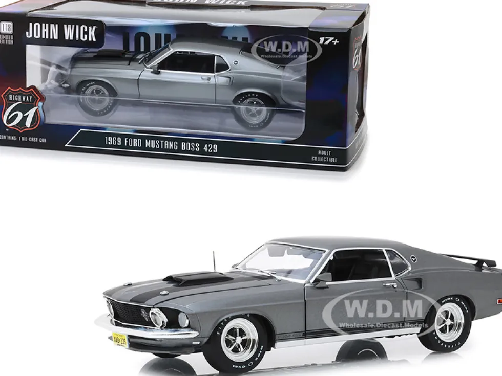 1969 Ford Mustang BOSS 429 Gray Black Stripes John Wick 2014 Movie 1/18 Diecast Model Car Highway 61 18016