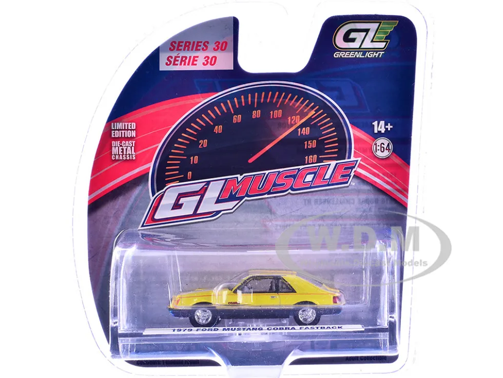 1979 Ford Mustang Cobra Fastback Bright Yellow with Cobra Good Graphics "GreenLight Muscle" Series 30 1/64 Diecast Model Car by Greenlight