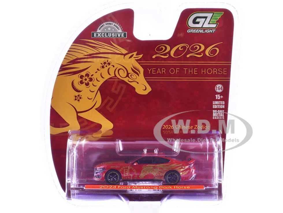 2024 Ford Mustang Dark Horse "Chinese Zodiac 2026 Year of the Horse" Red with Gold Graphics "Hobby Exclusive" Series 1/64 Diecast Model Car by Greenlight