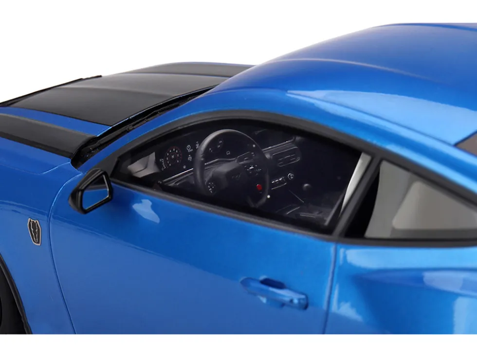 2024 Ford Mustang Dark Horse Grabber Blue Metallic with Black Hood Stripes 1/18 Model Car by Top Speed