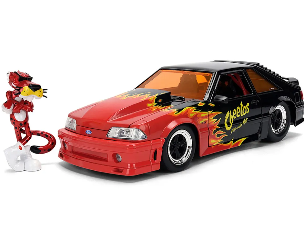 1989 Ford Mustang GT Black with Red Flame Graphics and Chester Cheetah Diecast Figure "Cheetos Flamin' Hot" "Hollywood Rides" Series 1/24 Diecast Model Car by Jada
