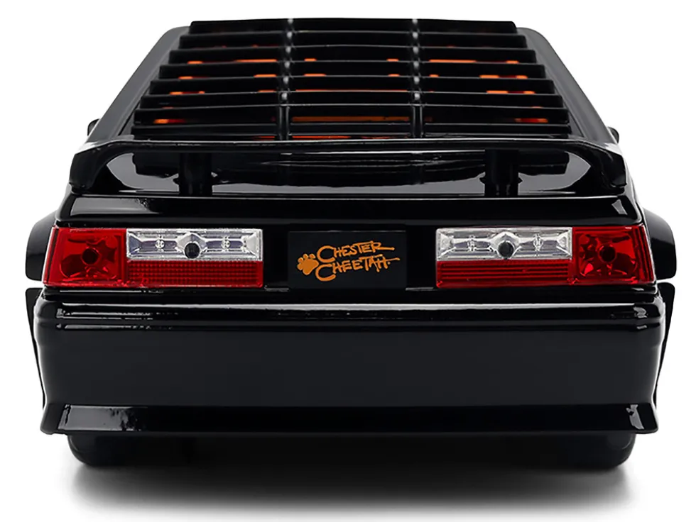 1989 Ford Mustang GT Black with Red Flame Graphics and Chester Cheetah Diecast Figure "Cheetos Flamin' Hot" "Hollywood Rides" Series 1/24 Diecast Model Car by Jada