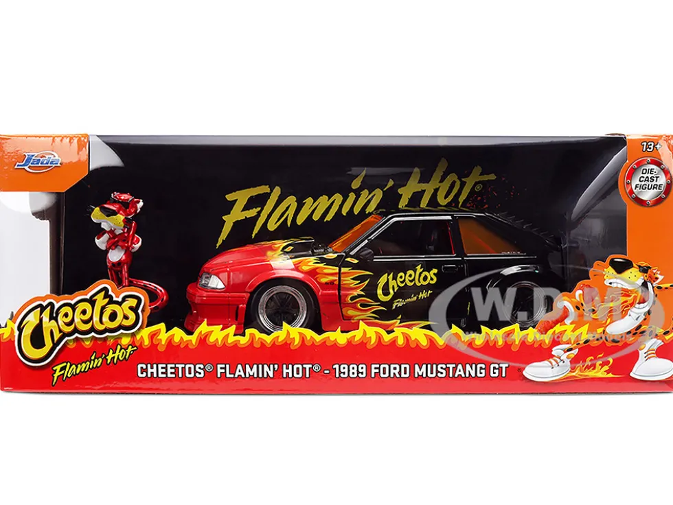 1989 Ford Mustang GT Black with Red Flame Graphics and Chester Cheetah Diecast Figure "Cheetos Flamin' Hot" "Hollywood Rides" Series 1/24 Diecast Model Car by Jada