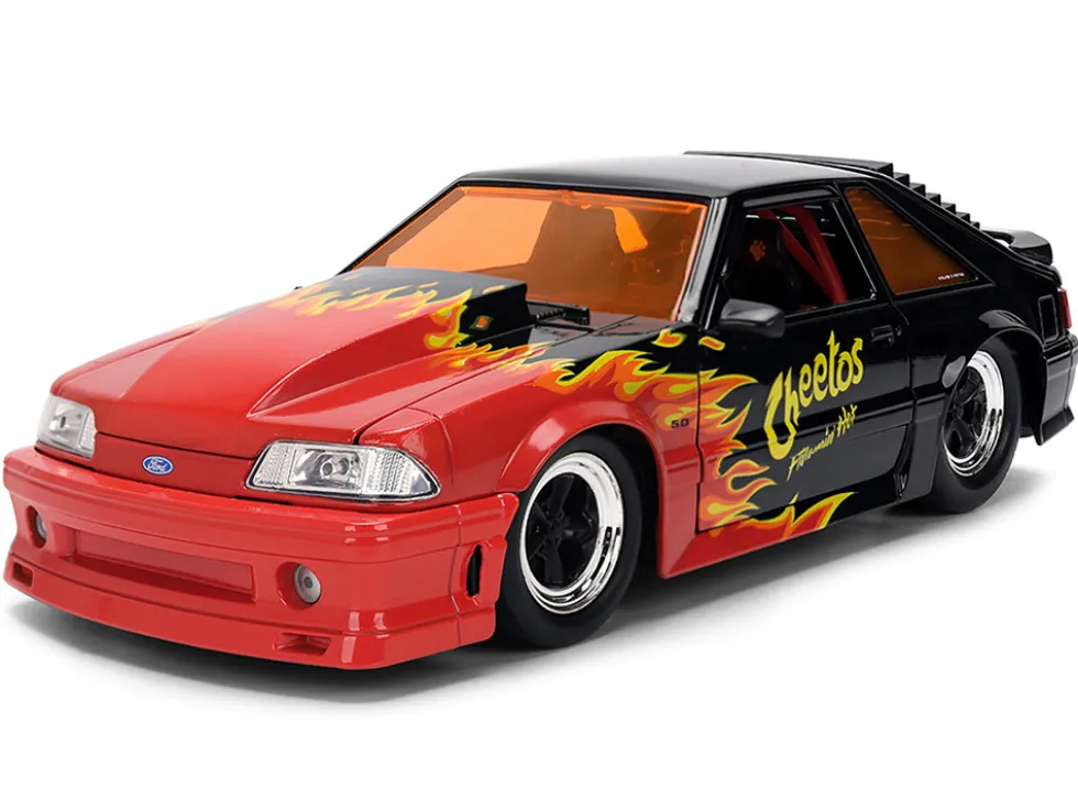 1989 Ford Mustang GT Black with Red Flame Graphics and Chester Cheetah Diecast Figure "Cheetos Flamin' Hot" "Hollywood Rides" Series 1/24 Diecast Model Car by Jada