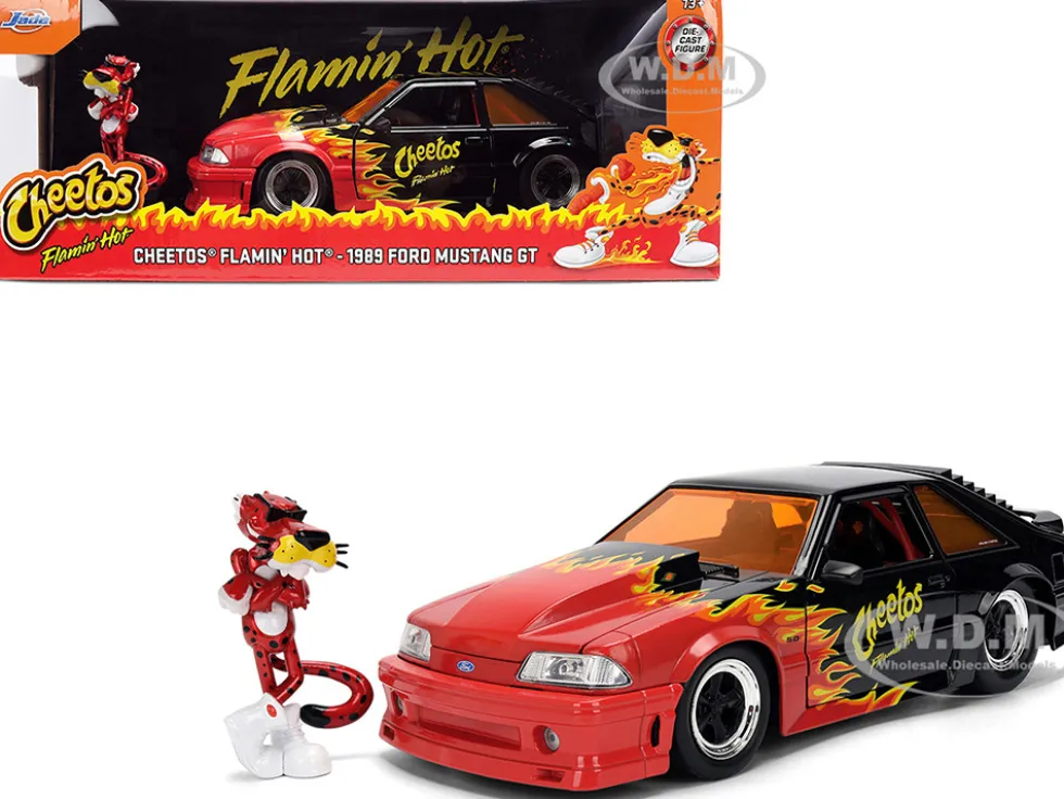 1989 Ford Mustang GT Black with Red Flame Graphics and Chester Cheetah Diecast Figure "Cheetos Flamin' Hot" "Hollywood Rides" Series 1/24 Diecast Model Car by Jada