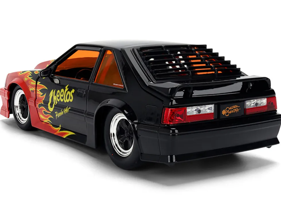 1989 Ford Mustang GT Black with Red Flame Graphics and Chester Cheetah Diecast Figure "Cheetos Flamin' Hot" "Hollywood Rides" Series 1/24 Diecast Model Car by Jada