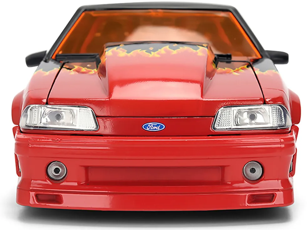 1989 Ford Mustang GT Black with Red Flame Graphics and Chester Cheetah Diecast Figure "Cheetos Flamin' Hot" "Hollywood Rides" Series 1/24 Diecast Model Car by Jada