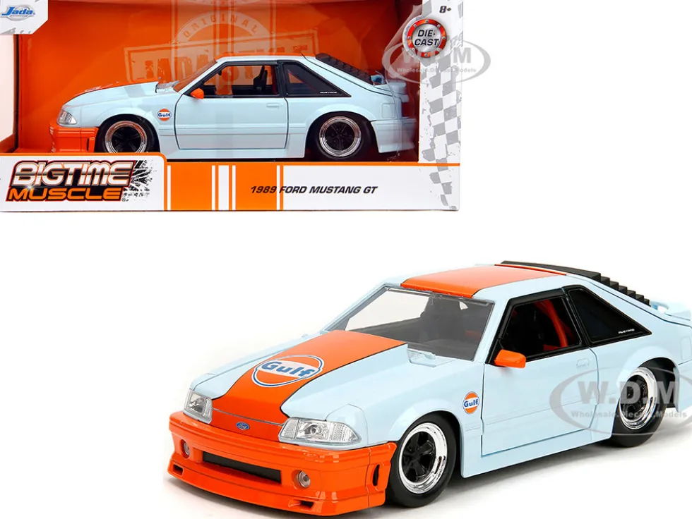 1989 Ford Mustang GT "Gulf Oil" Light Blue with Orange Stripe "Bigtime Muscle" Series 1/24 Diecast Model Car by Jada