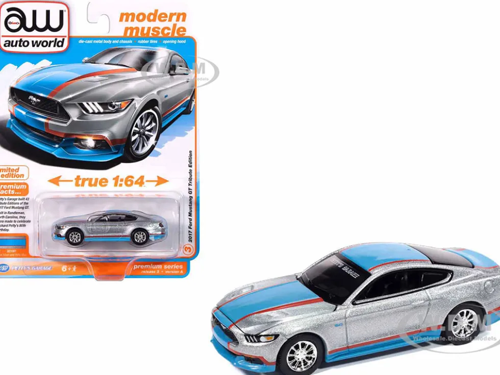 2017 Ford Mustang GT Tribute Edition "Petty's Garage" Ingot Silver Metallic with Petty Blue and Red Stripes "Modern Muscle" Series 1/64 Diecast Model Car by Auto World