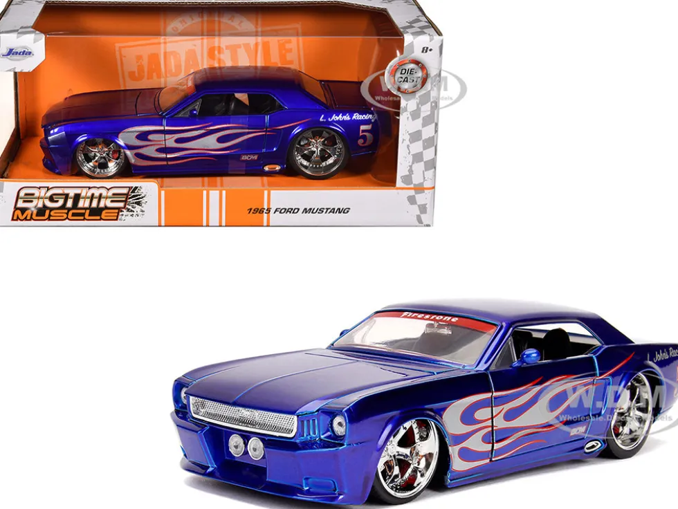 1965 Ford Mustang #5 "L. John's Racing" Candy Blue with Flame Graphics "Bigtime Muscle" Series 1/24 Diecast Model Car by Jada