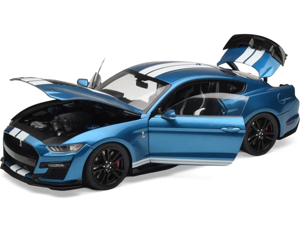 2022 Ford Mustang Shelby GT500 Blue Metallic with White Stripes 1/18 Diecast Model Car by IXO Models