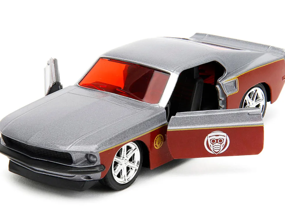1969 Ford Mustang Silver Metallic and Dark Red and Star Lord Diecast Figure Marvel Guardians of the Galaxy Hollywood Rides Series 1/32 Diecast Model Car Jada 33077