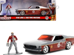 1969 Ford Mustang Silver Metallic and Dark Red and Star Lord Diecast Figure Marvel Guardians of the Galaxy Hollywood Rides Series 1/32 Diecast Model Car Jada 33077