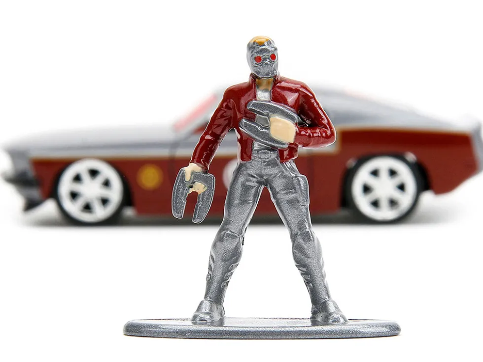 1969 Ford Mustang Silver Metallic and Dark Red and Star Lord Diecast Figure Marvel Guardians of the Galaxy Hollywood Rides Series 1/32 Diecast Model Car Jada 33077