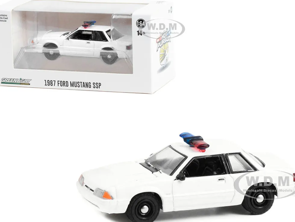 1987 1993 Ford Mustang SSP White Police Car with Light Bar Hot Pursuit Hobby Exclusive Series 1/64 Diecast Model Car by Greenlight GL43008L