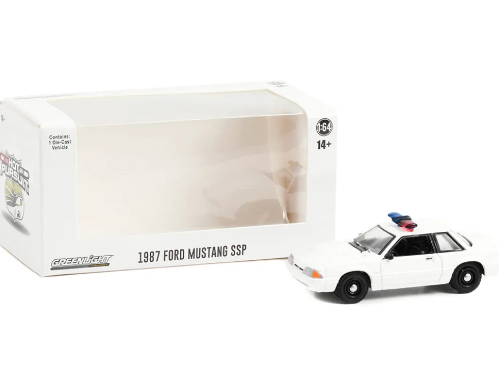 1987 1993 Ford Mustang SSP White Police Car with Light Bar Hot Pursuit Hobby Exclusive Series 1/64 Diecast Model Car by Greenlight GL43008L