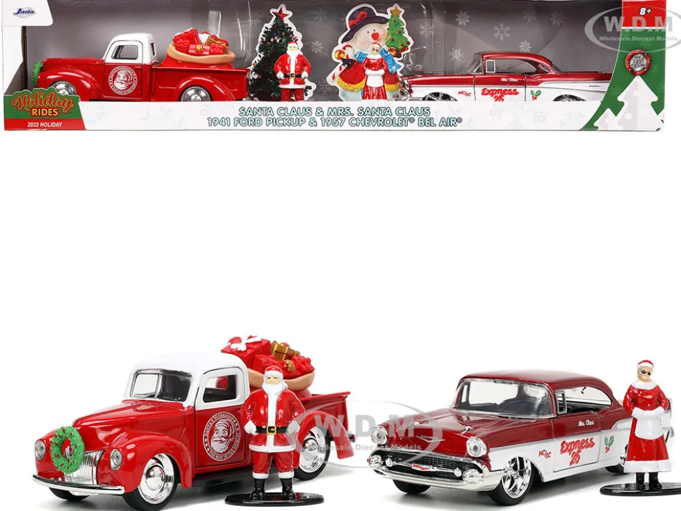 1941 Ford Pickup Truck Red White Santa's Workshop 1957 Chevrolet Bel Air Red Metallic White Express 25 Mr. and Mrs. Santa Claus Diecast Figures Holiday Rides Series 1/32 Diecast Model Cars Jada 34441