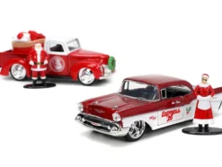 1941 Ford Pickup Truck Red White Santa's Workshop 1957 Chevrolet Bel Air Red Metallic White Express 25 Mr. and Mrs. Santa Claus Diecast Figures Holiday Rides Series 1/32 Diecast Model Cars Jada 34441