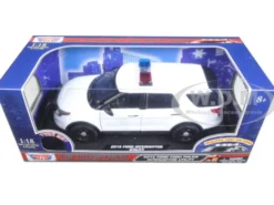 2015 Ford Police Interceptor Utility White with Flashing Light Bar, Front and Rear Lights and 2 Sounds 1/18 Diecast Model Car Motormax 73995