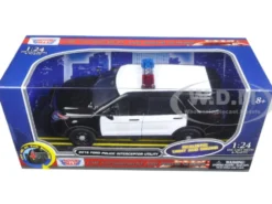 2015 Ford Police Interceptor Utility Black White Flashing Light Bar Front Rear Lights 2 Sounds 1/24 Diecast Model Car Motormax 79536