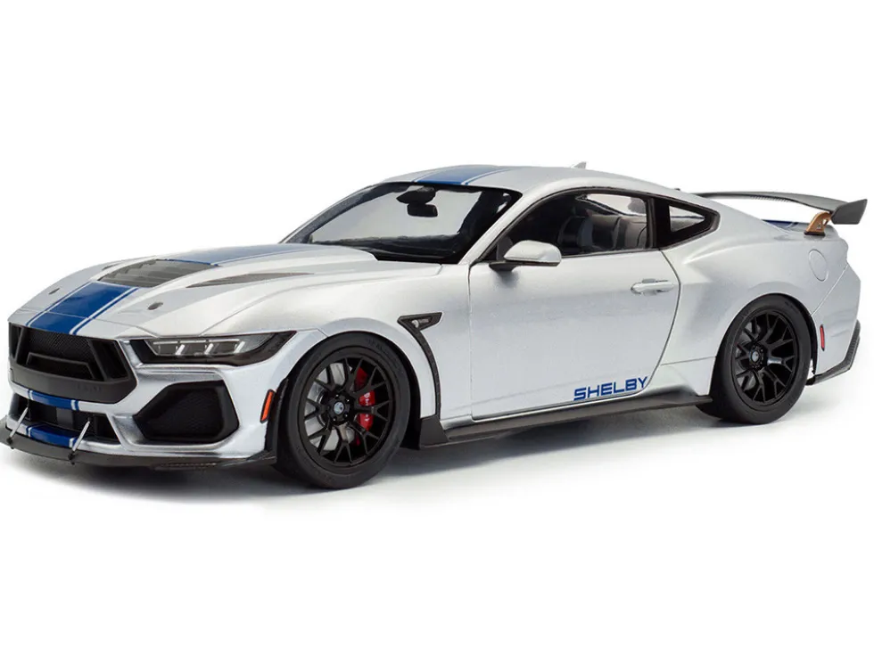 2024 Ford Shelby Mustang Super Snake Gray Metallic with Blue Stripes 1/18 Diecast Model Car by Solido