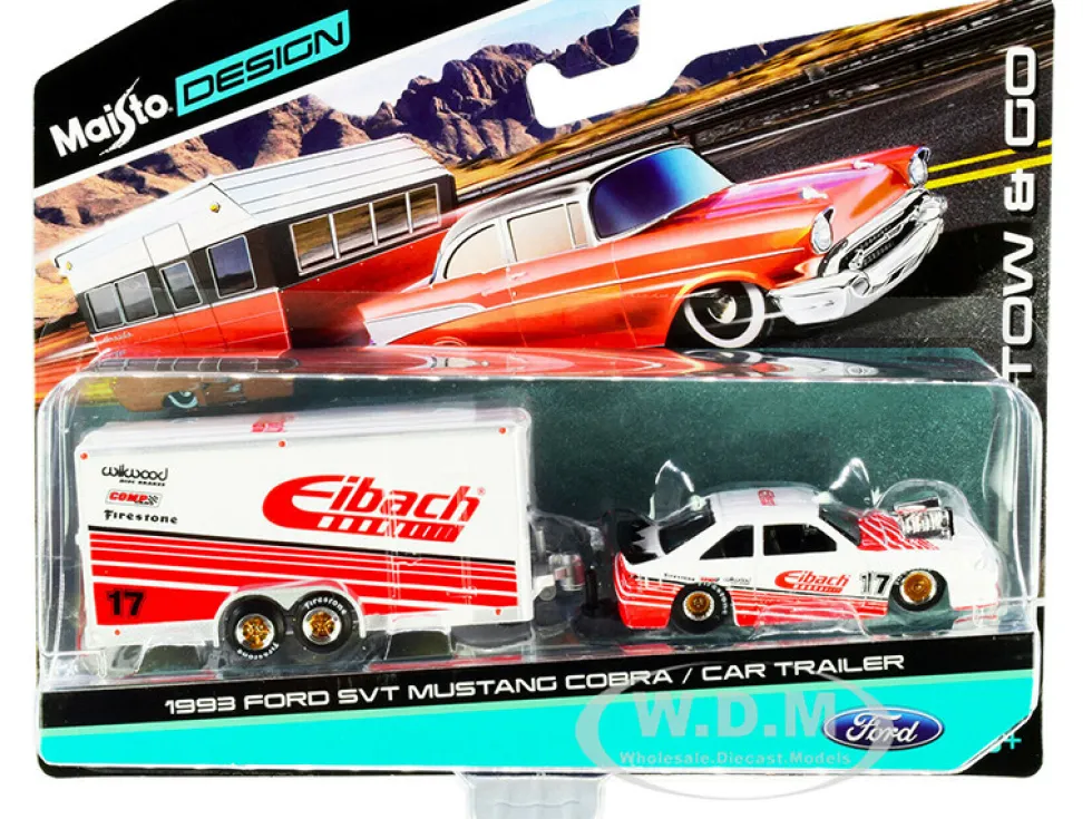 1993 Ford SVT Mustang Cobra #17 Enclosed Car Trailer Eibach White Red Stripes Tow & Go Series 1/64 Diecast Model Cars Maisto 15368-21 A