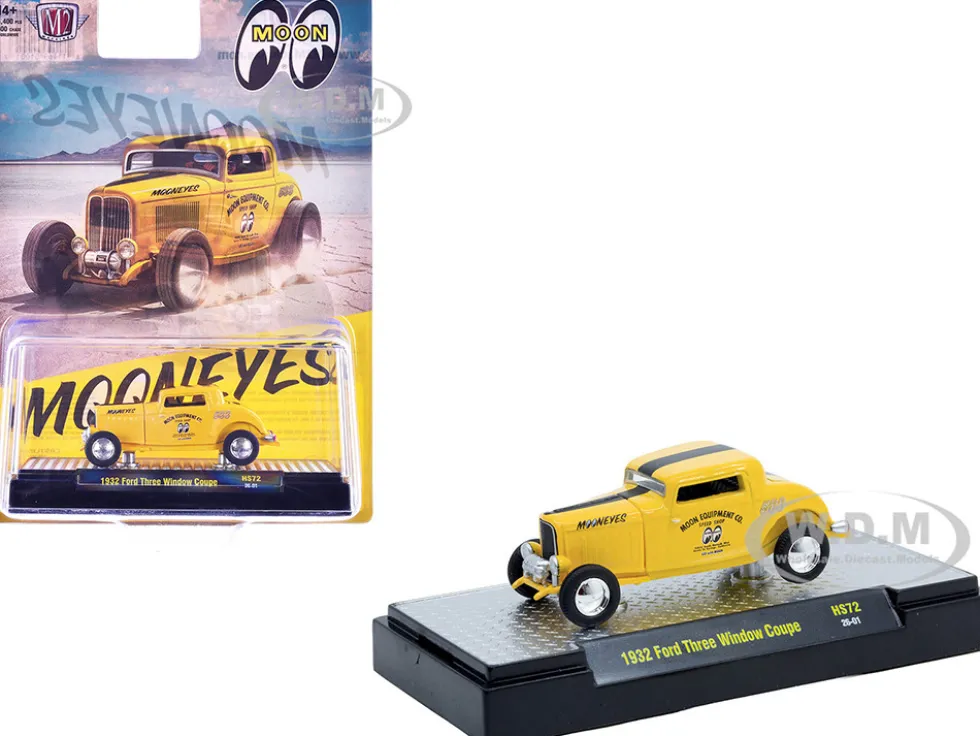 1932 Ford Three-Window Coupe "MoonEyes" Yellow with Black Stripe Limited Edition to 4400 pieces Worldwide 1/64 Diecast Model Car by M2 Machines