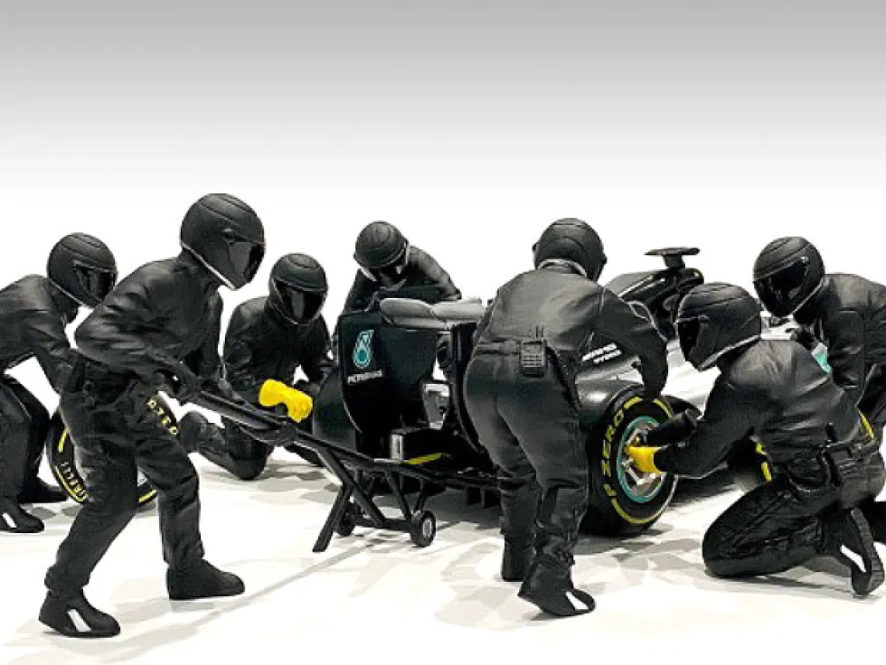 Formula One F1 Pit Crew 7 Figurine Set Team Black Release II 1/18 Scale Models American Diorama 76554