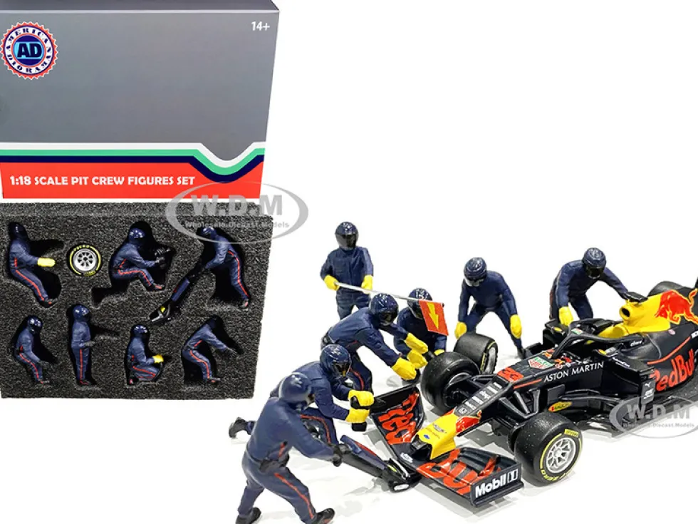 Formula One F1 Pit Crew 7 Figurine Set Team Blue 1/18 Scale Models American Diorama 76552