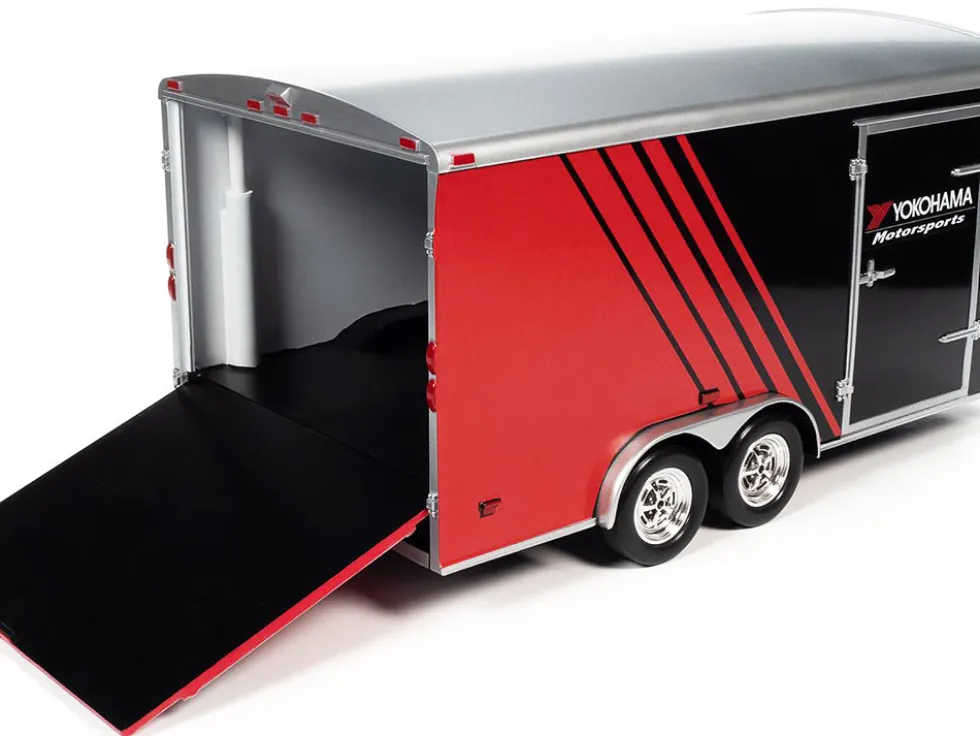 Four Wheel Enclosed Car Trailer Yokohama Motorsports Black Red for 1/18 Scale Model Cars Auto World CP7838