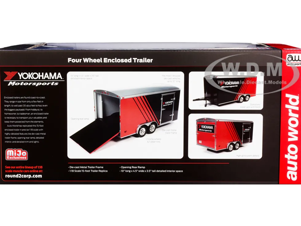Four Wheel Enclosed Car Trailer Yokohama Motorsports Black Red for 1/18 Scale Model Cars Auto World CP7838