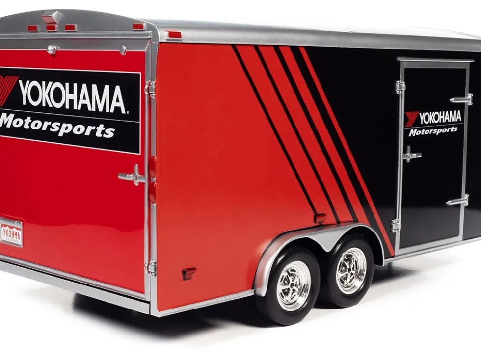 Four Wheel Enclosed Car Trailer Yokohama Motorsports Black Red for 1/18 Scale Model Cars Auto World CP7838