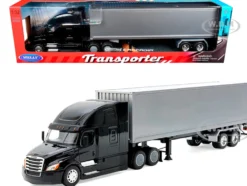 Freightliner Cascadia Truck Black with Silver Container "Transporter" Series 1/32 Diecast Model by Welly