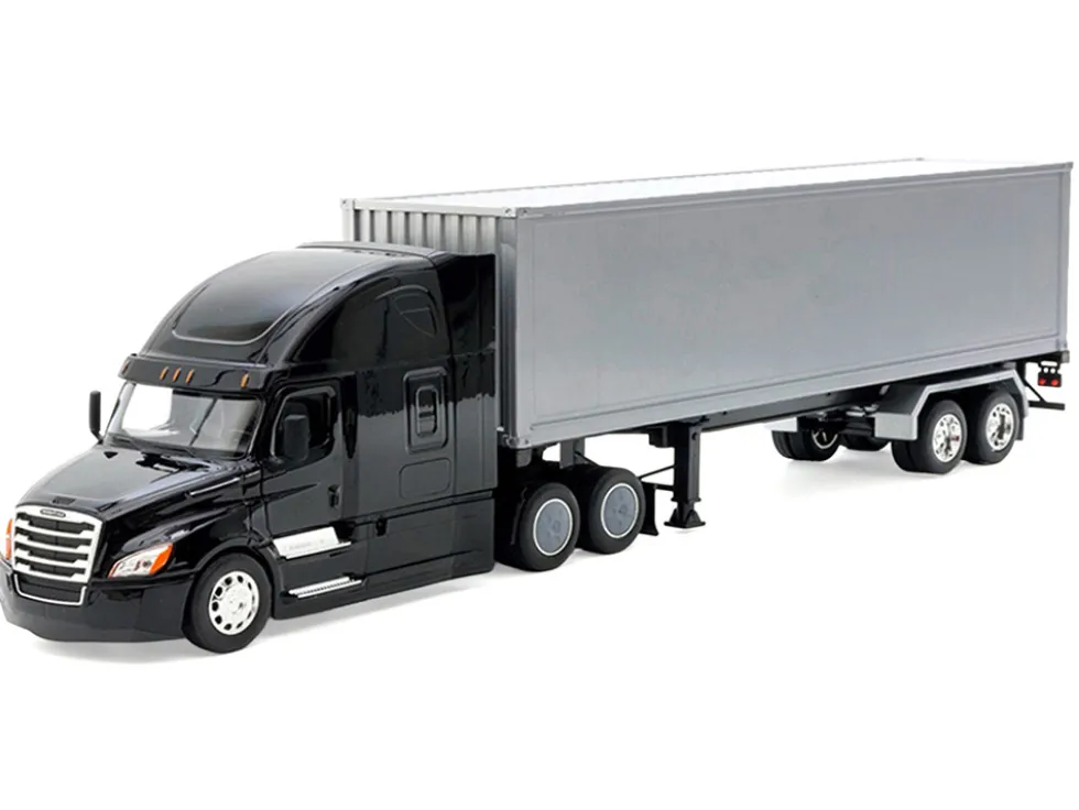 Freightliner Cascadia Truck Black with Silver Container "Transporter" Series 1/32 Diecast Model by Welly