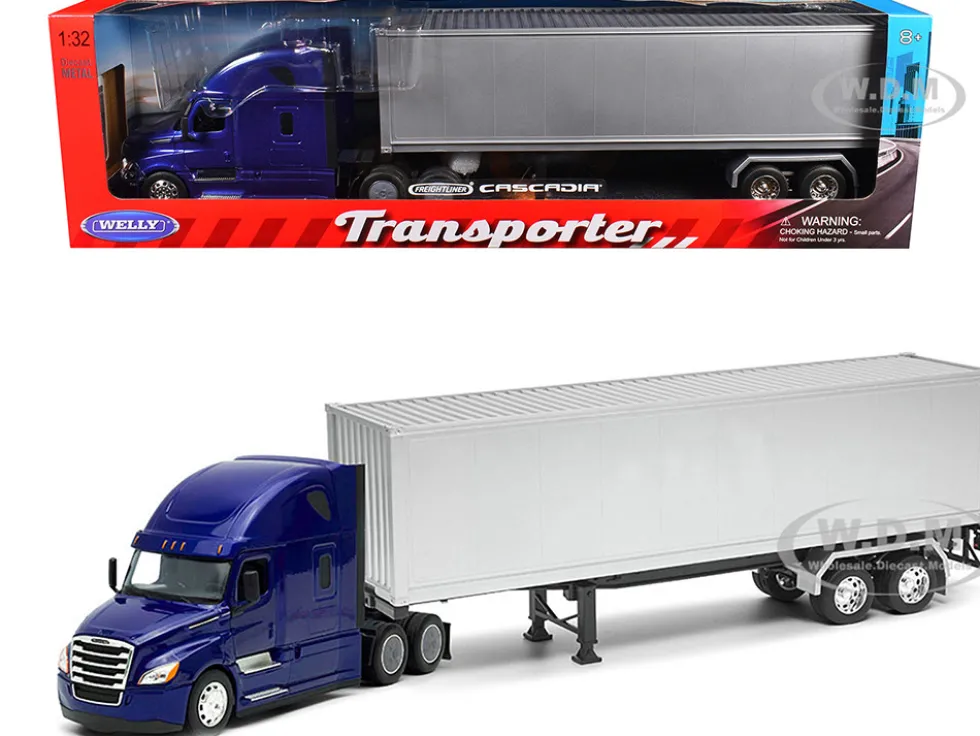 Freightliner Cascadia Truck Blue Metallic with Gray Container "Transporter" Series 1/32 Diecast Model by Welly