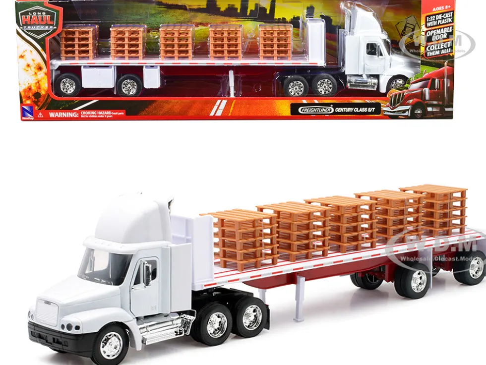 Freightliner Century Class S T Flatbed Truck White with Pallet Accessories Long Haul Trucker Series 1/32 Diecast Model New Ray 10593