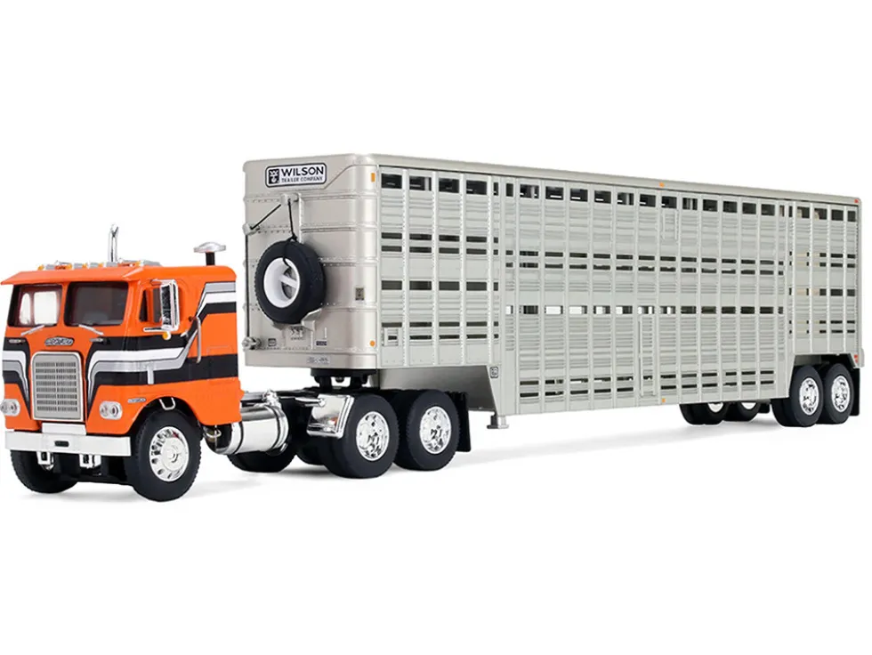 Freightliner COE and 45' Wilson Vintage Livestock Trailer Orange with Stripes 1/64 Diecast Model by DCP/First Gear